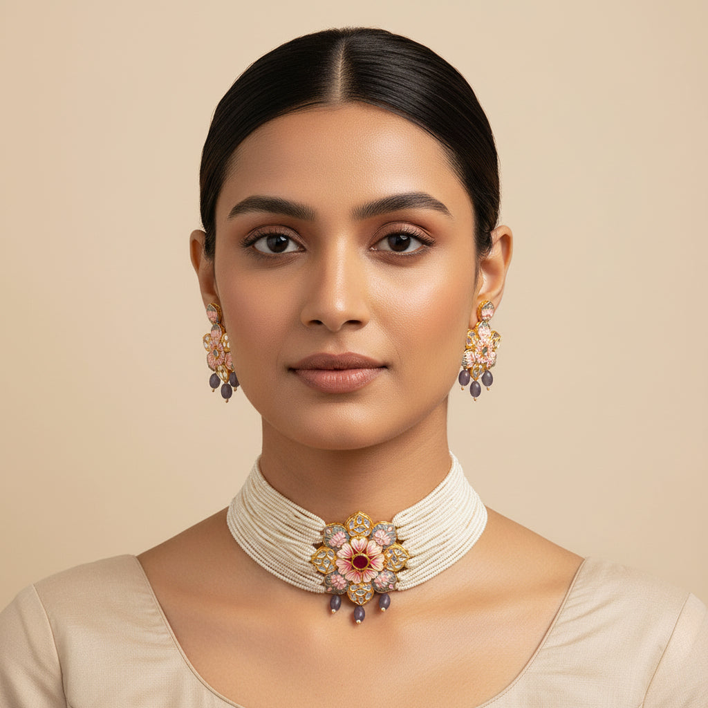 Liyana- Stone studded Neckpiece set(Gray)