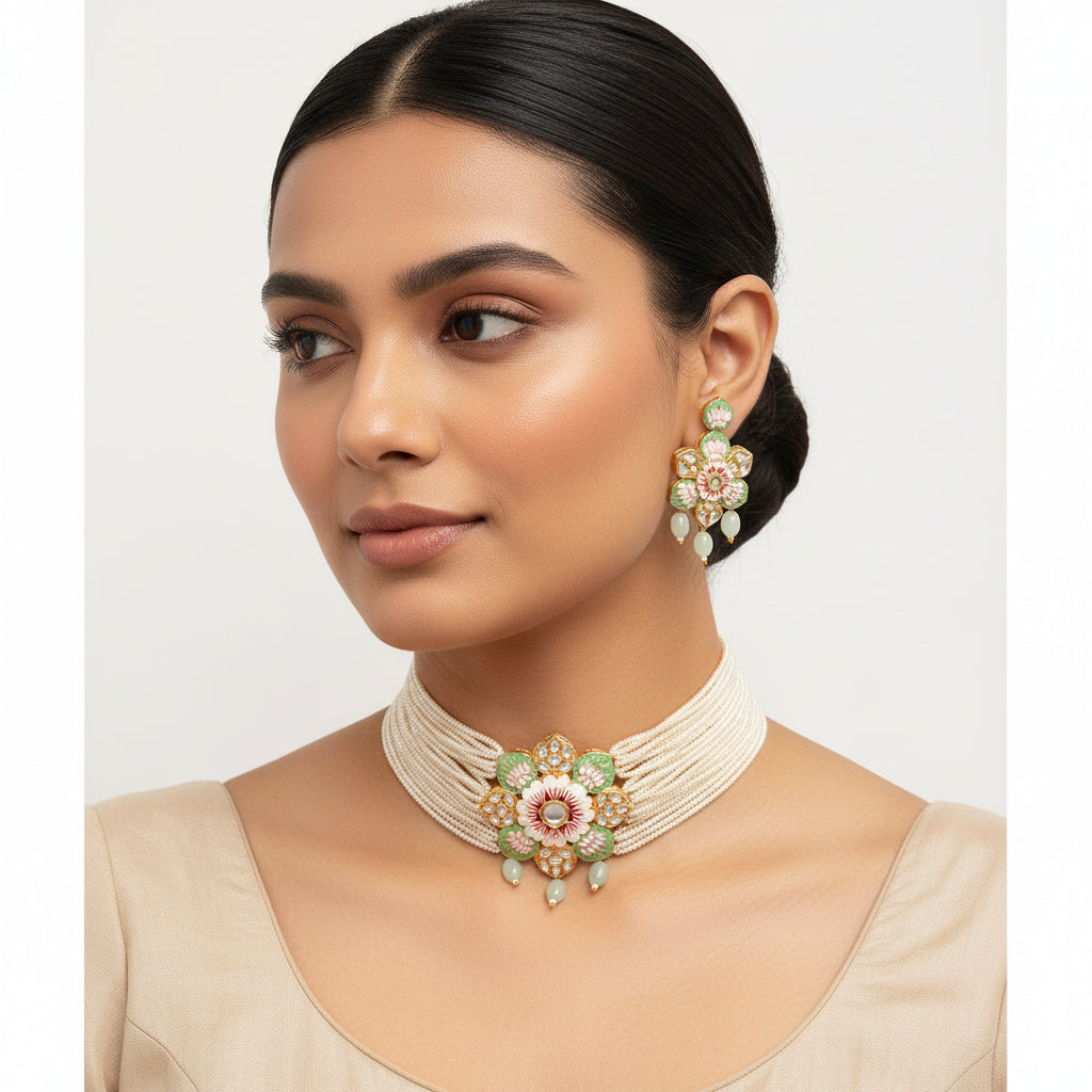 Liyana- Stone studded Neckpiece set (Parrot Green)