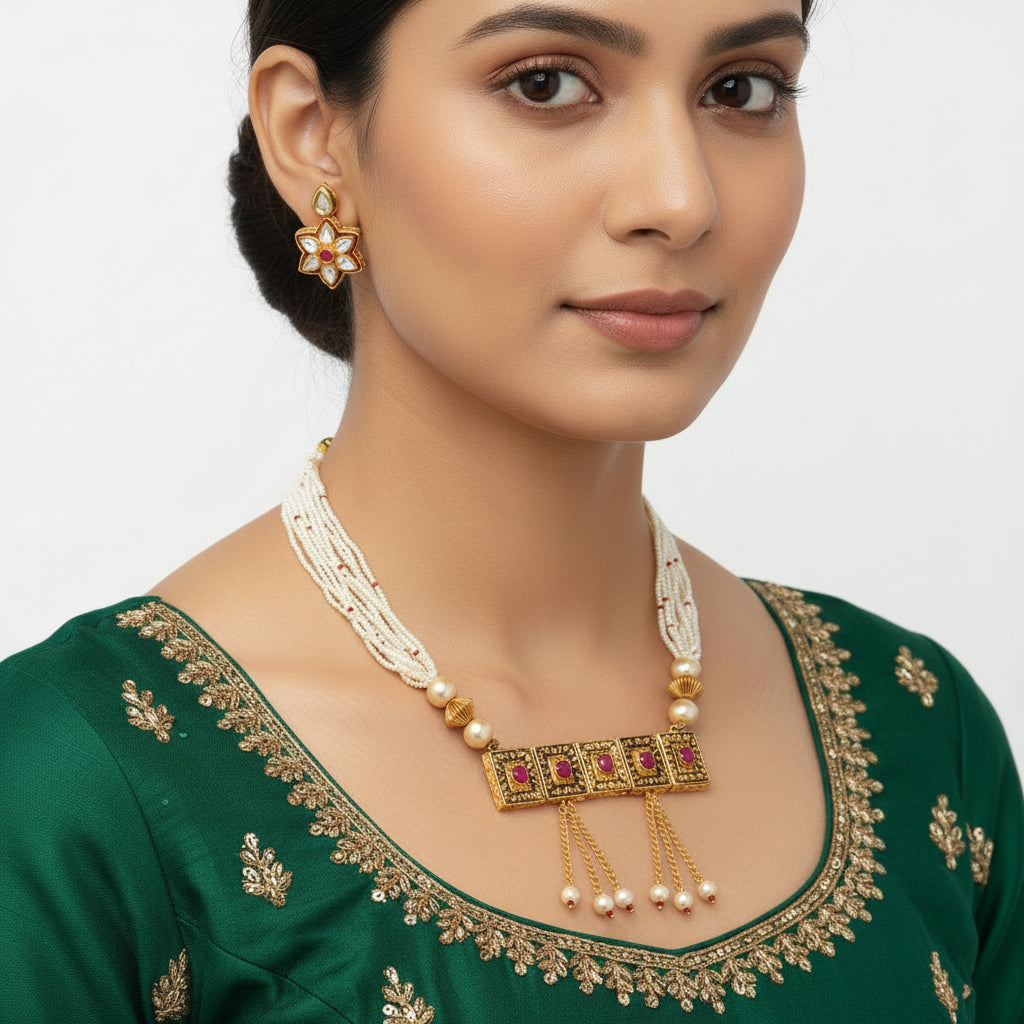 Prisha- Stone studded neckpiece set(Red)