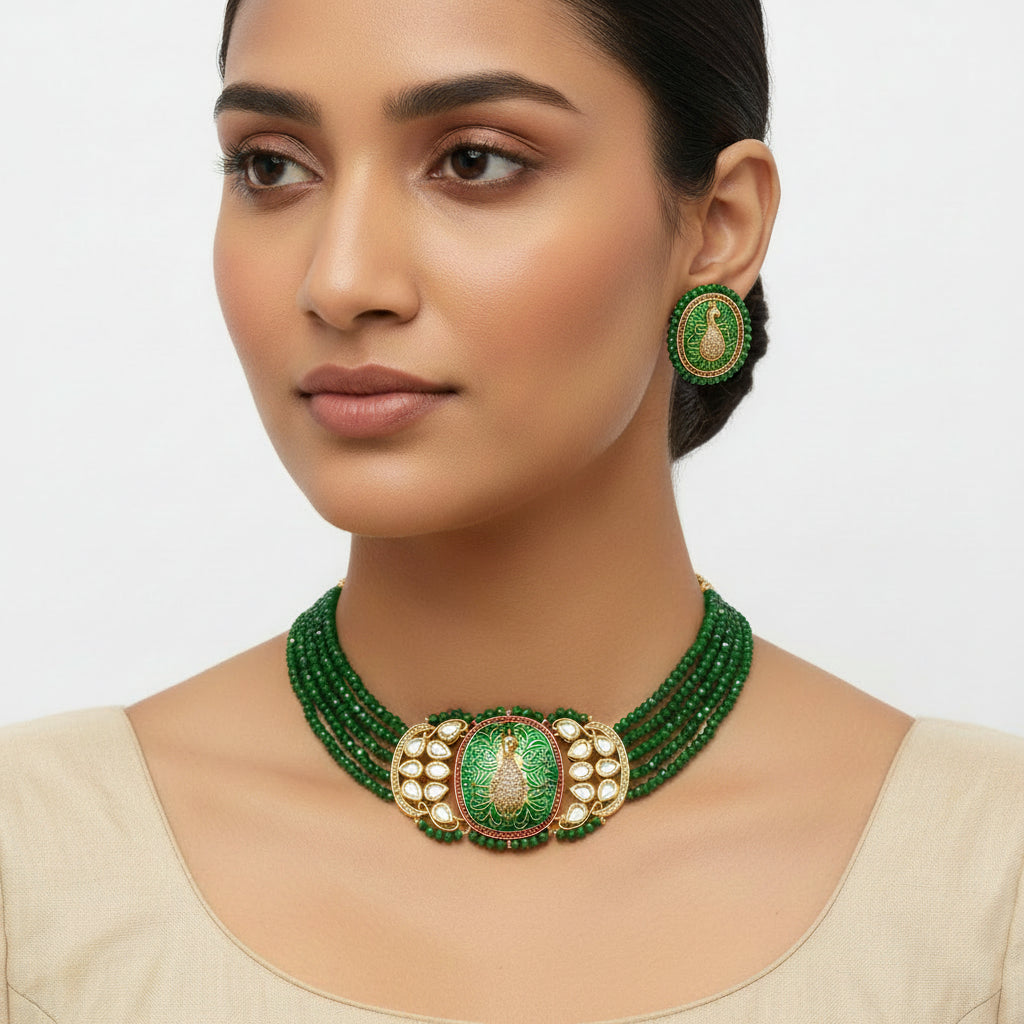 Tanira- Stone studded neckpiece set(Green)