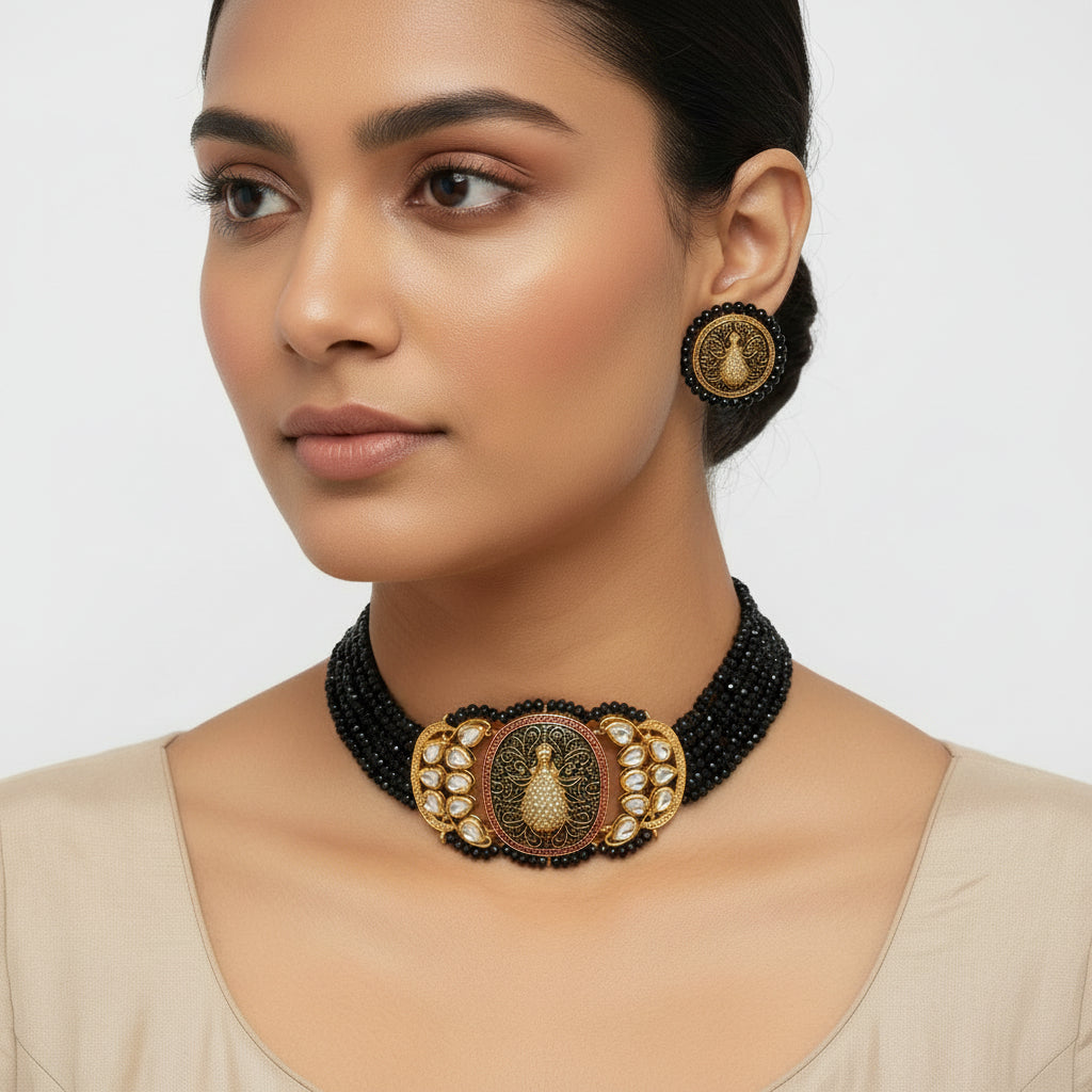 Tanira- Stone studded neckpiece set(Black)