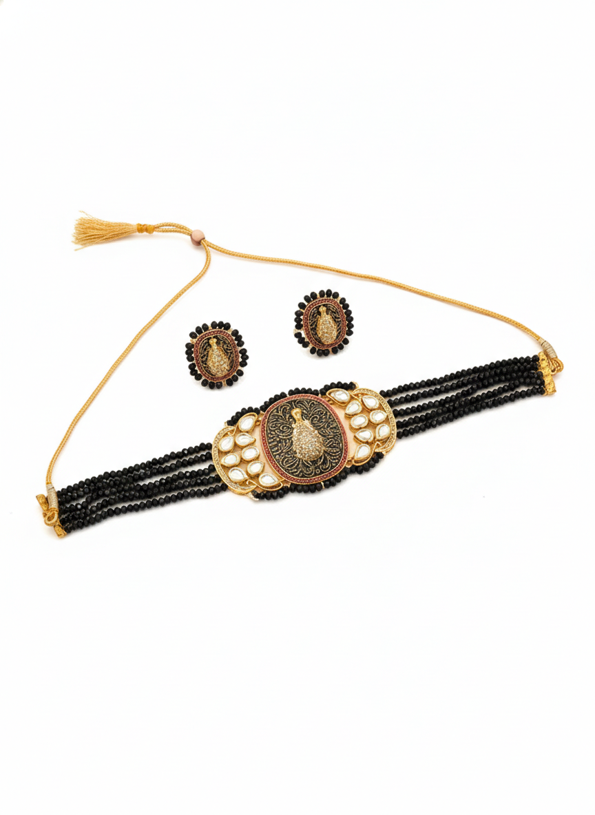 Tanira- Stone studded neckpiece set(Black)