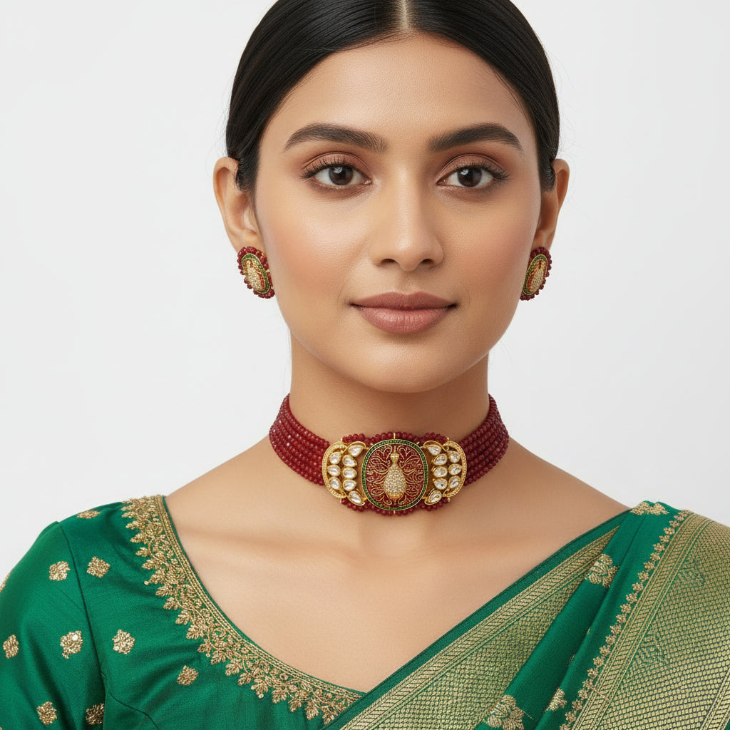 Tanira- Stone studded neckpiece set(Dark Red)