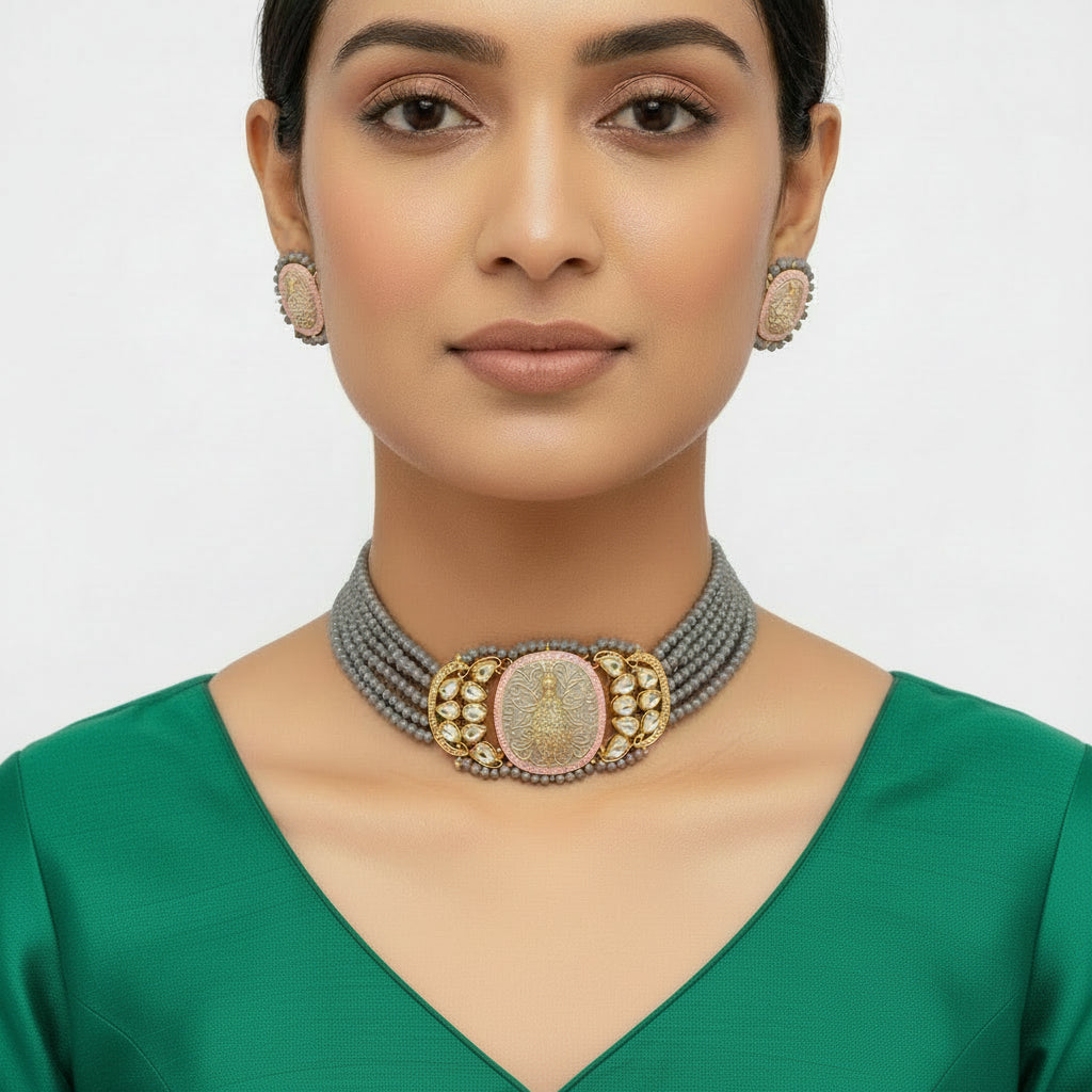 Tanira- Stone studded neckpiece set(Gray)