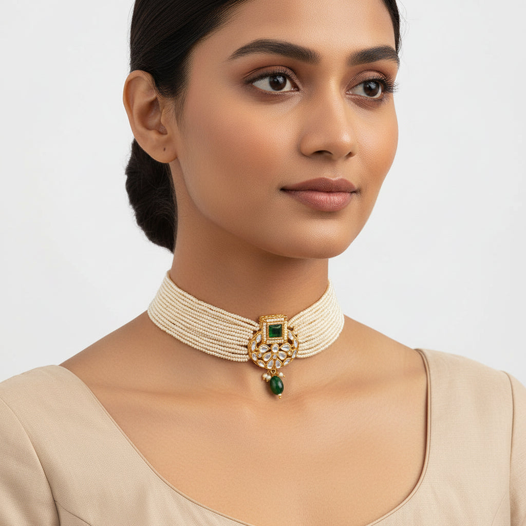 Veha- Stone studded Neckpiece set(Green)