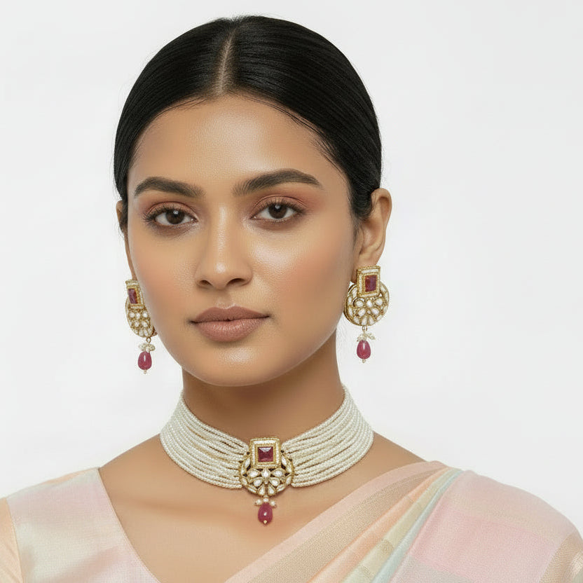 Veha- Stone studded Neckpiece set(Pink)