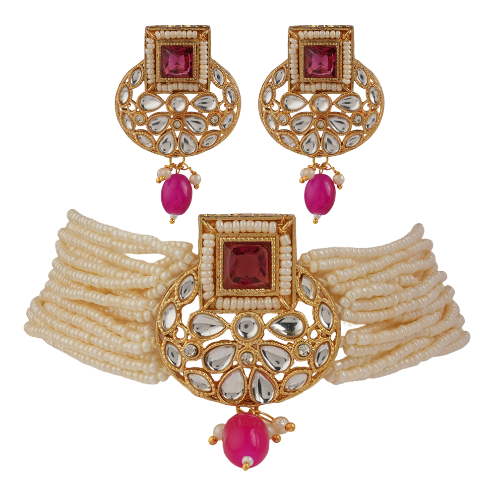 Veha- Stone studded Neckpiece set(Pink)