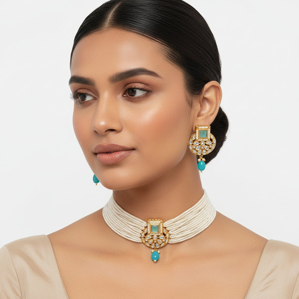 Veha- Stone studded Neckpiece set(Mint)