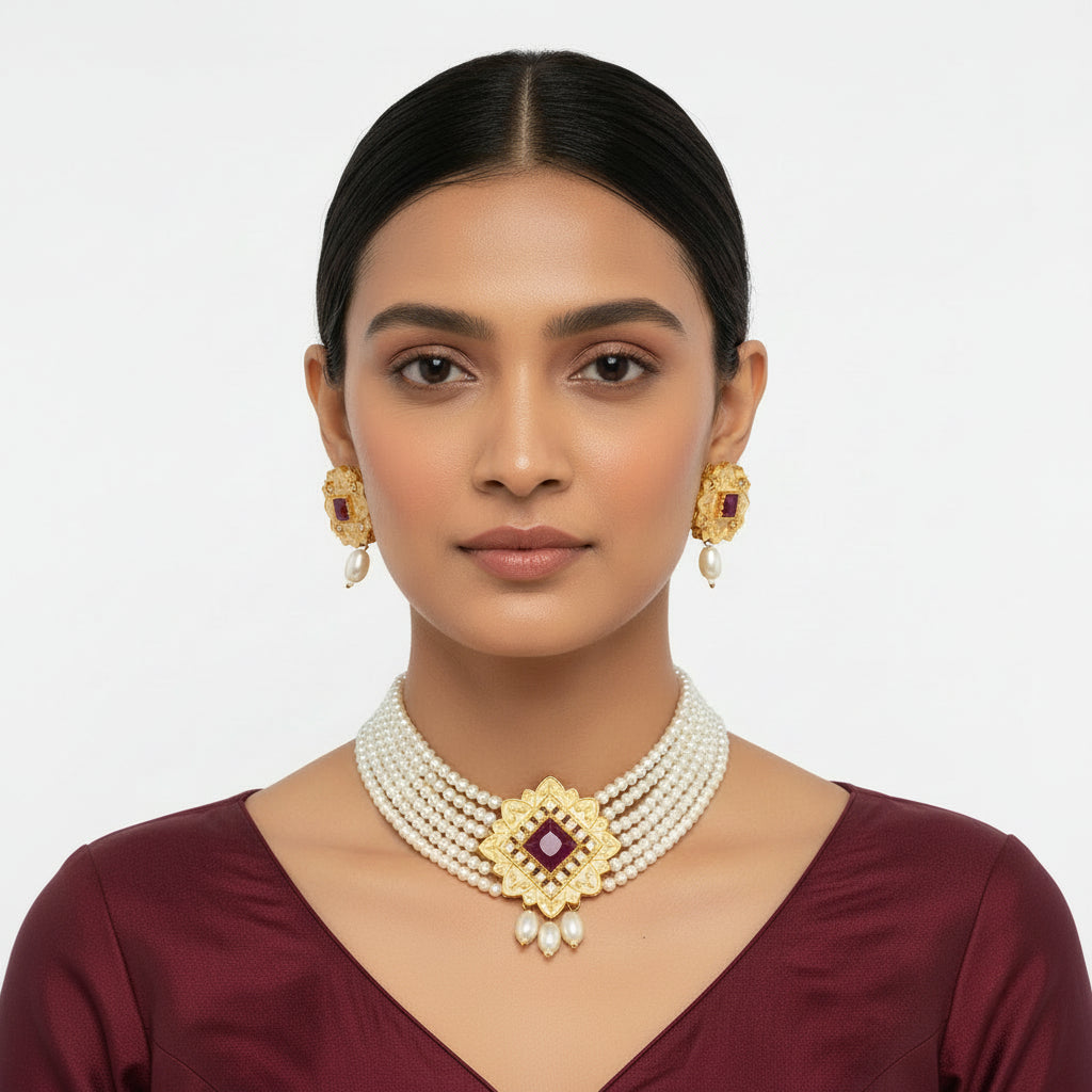 Iyana- Stone studded Neckpiece set(Red)