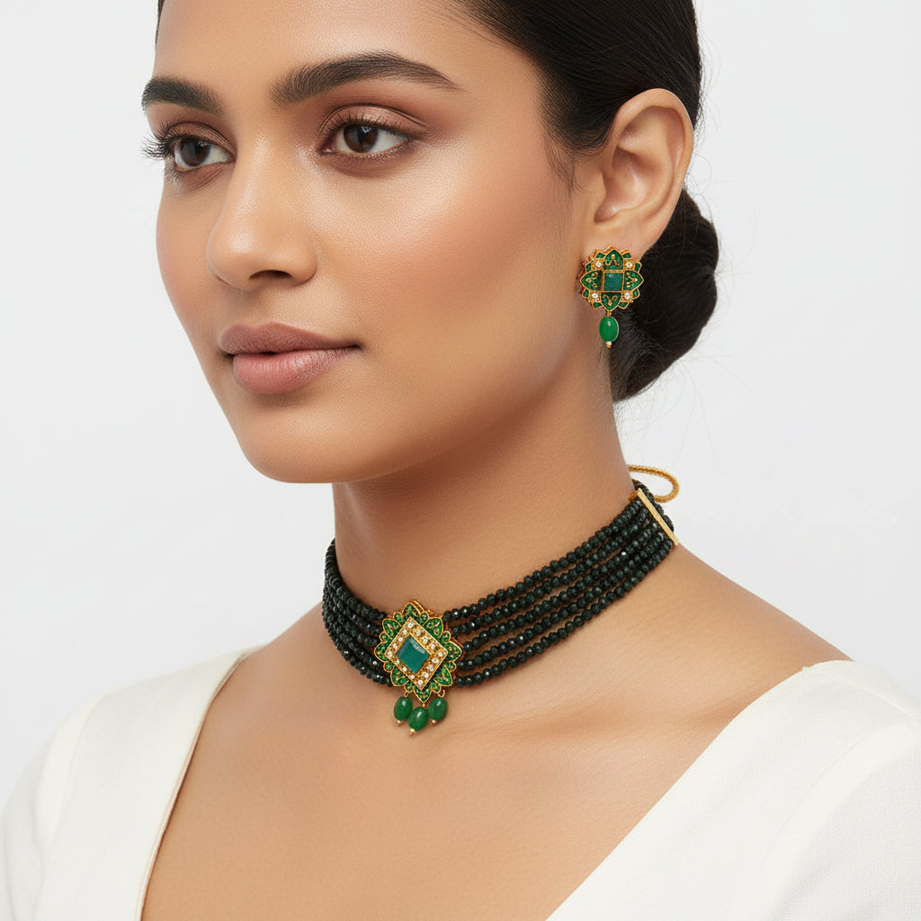 Iyana- Stone studded Neckpiece set(Green)