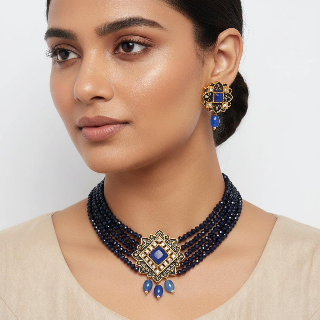 Iyana- Stone studded Neckpiece set(Blue)