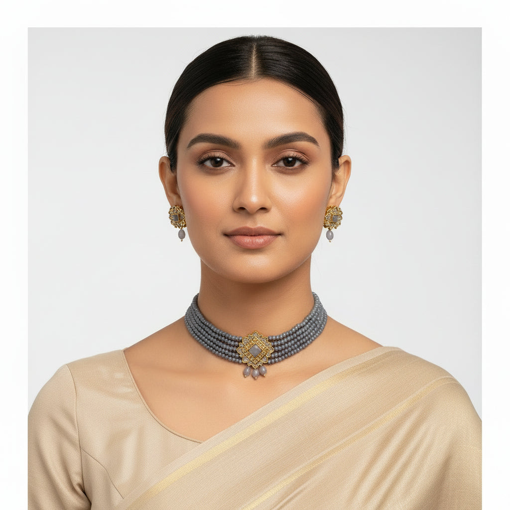 Iyana- Stone studded Neckpiece set(Gray)