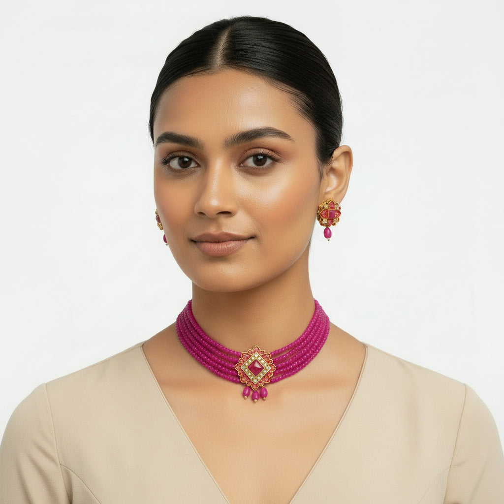 Iyana- Stone studded Neckpiece set(Dark Pink)