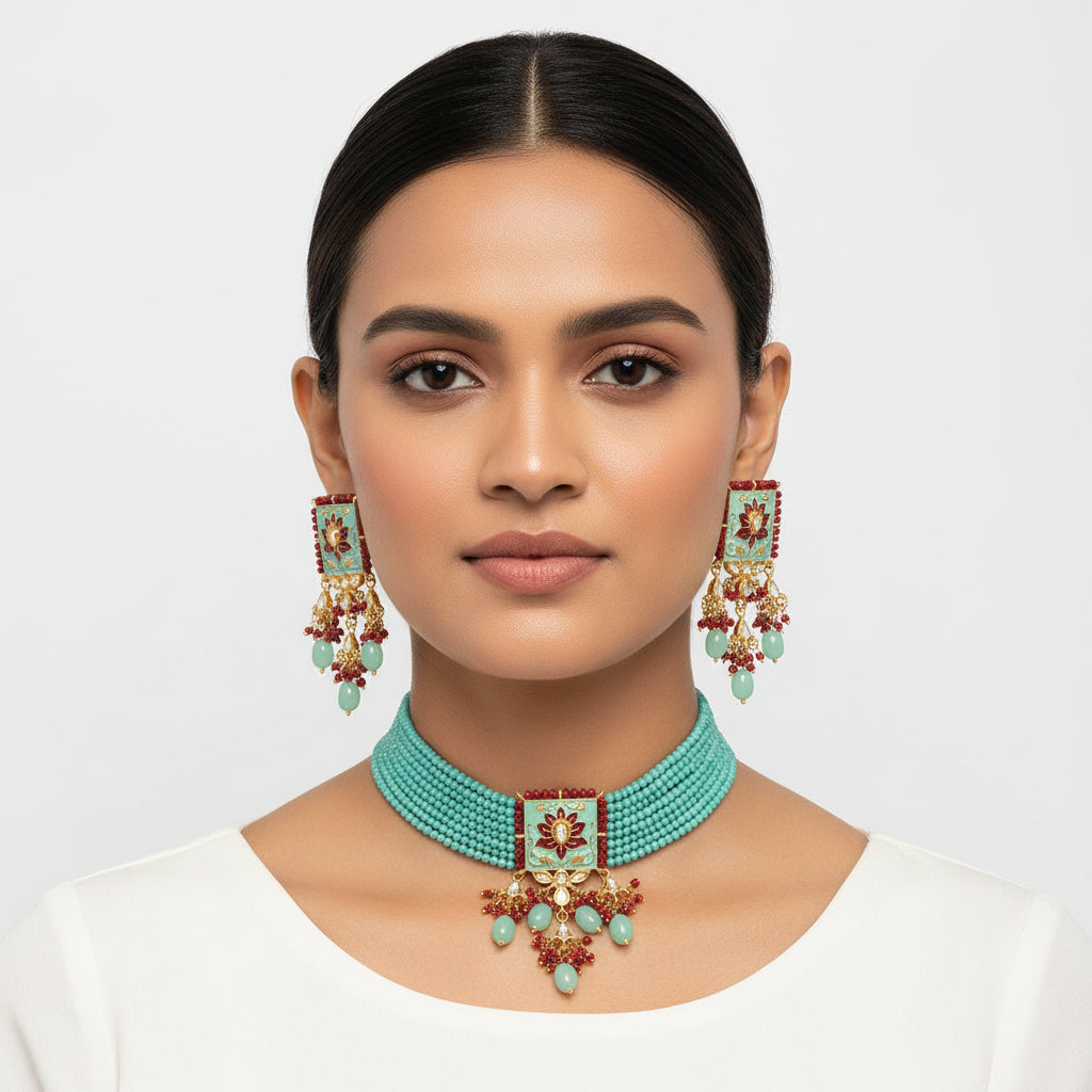 Mevaya- Stone studded hanging pearls Neckpiece set(Pista)