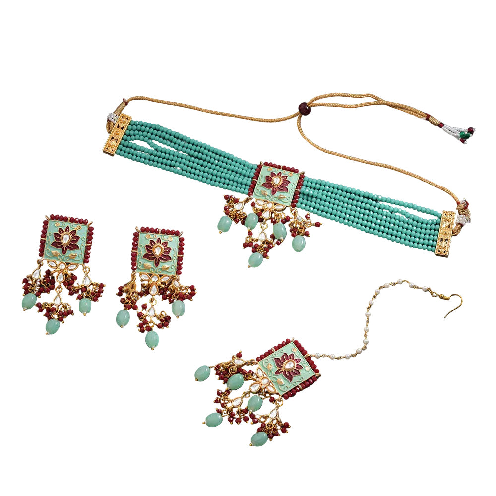 Mevaya- Stone studded hanging pearls Neckpiece set(Pista)