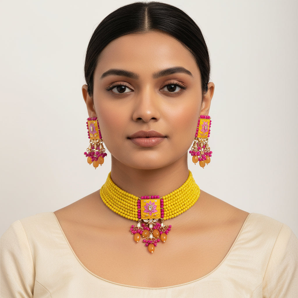 Mevaya- Stone studded hanging pearls Neckpiece set (Yellow)