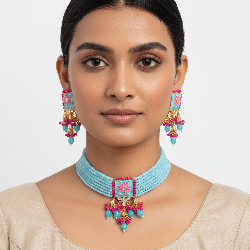 Mevaya- Stone studded hanging pearls Neckpiece set (Sky Blue)