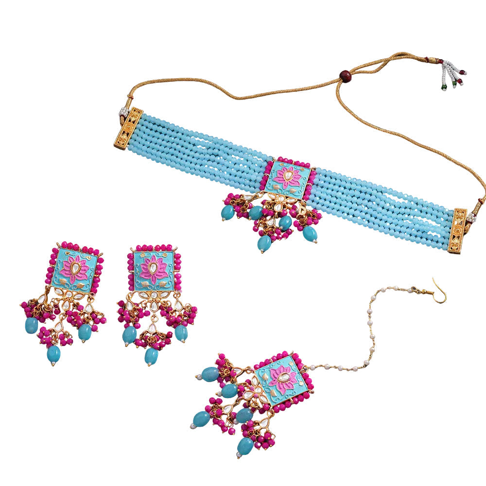 Mevaya- Stone studded hanging pearls Neckpiece set (Sky Blue)