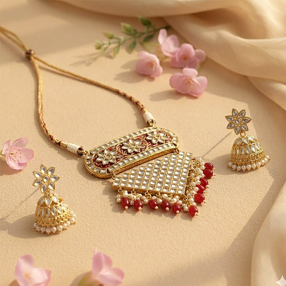 Mehera - Floral Pearl Neckpiece Set{Red}