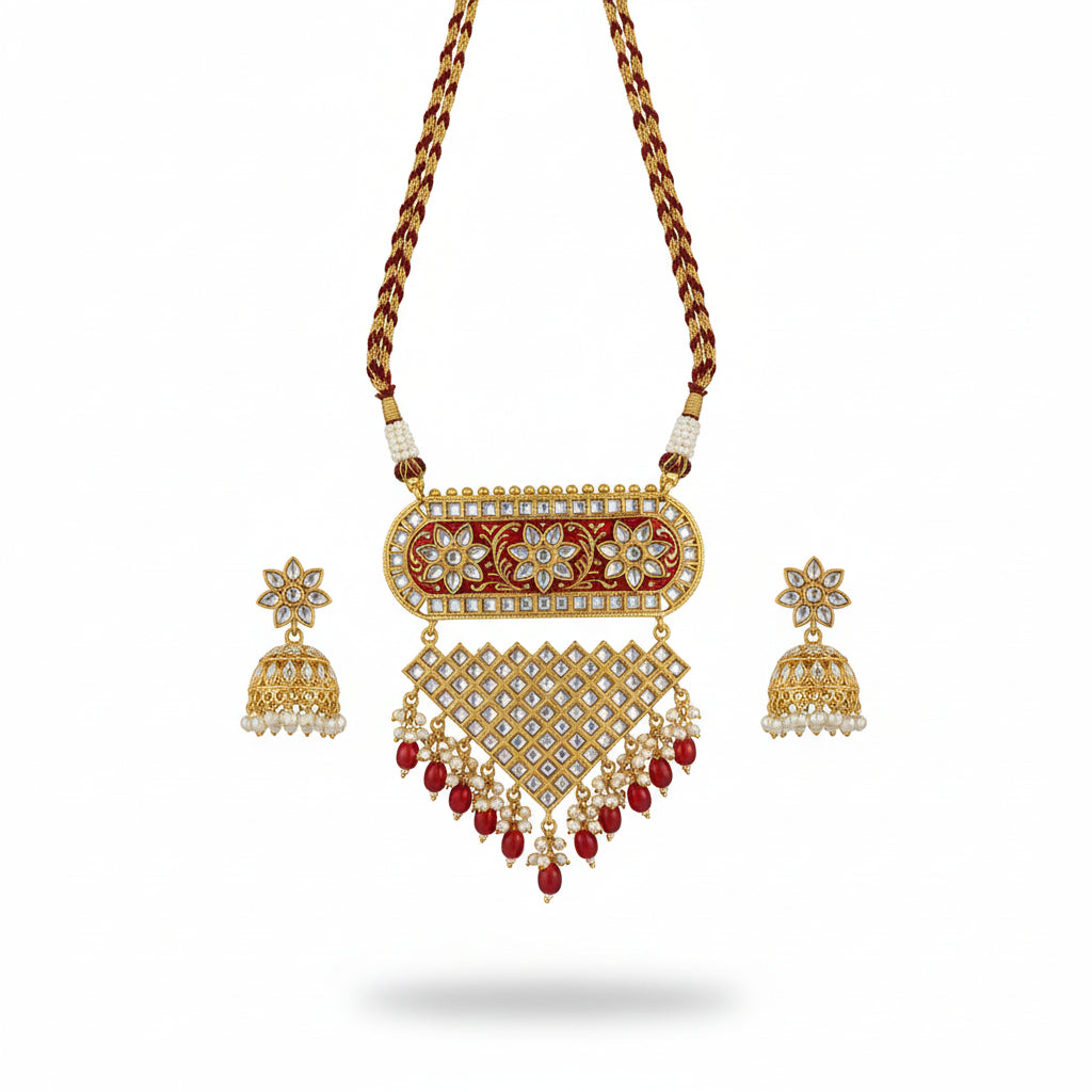 Mehera - Floral Pearl Neckpiece Set{Red}