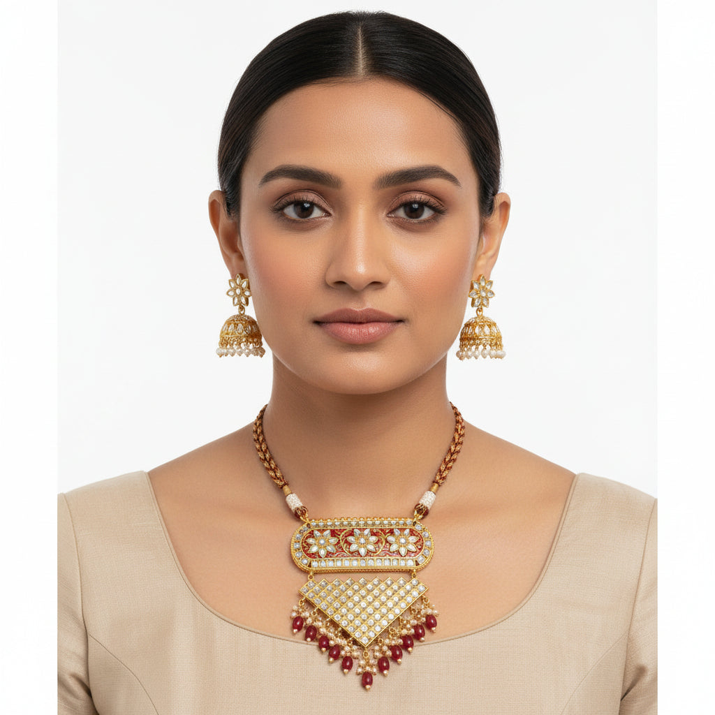 Mehera - Floral Pearl Neckpiece Set{Red}