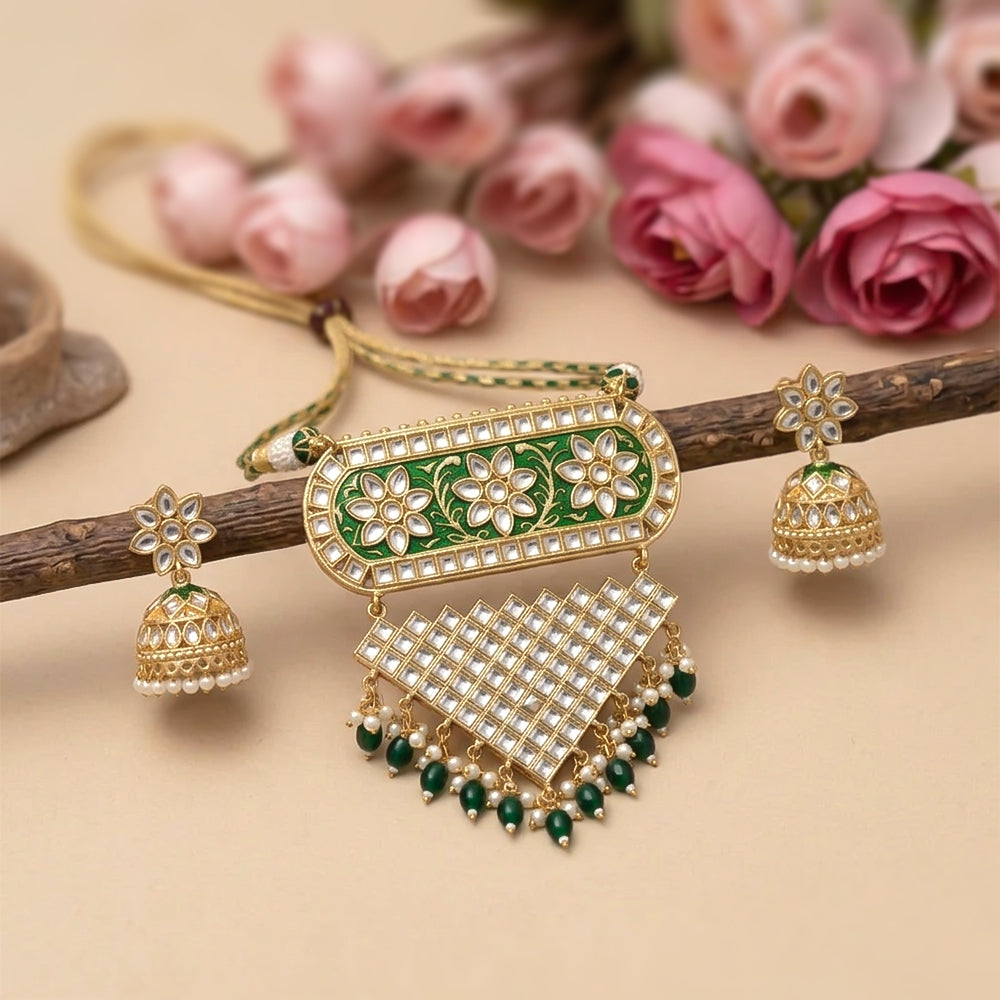 Mehera - Floral Pearl Neckpiece Set(Green)