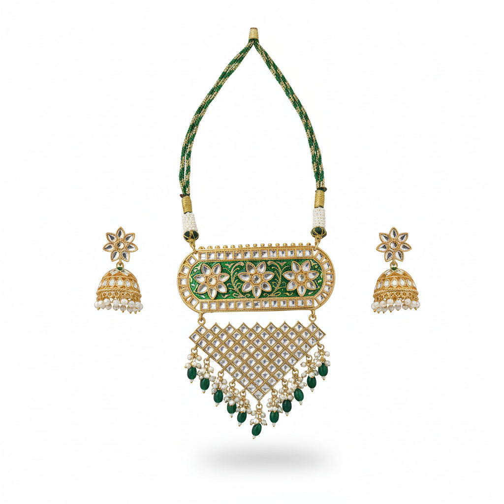 Mehera - Floral Pearl Neckpiece Set(Green)