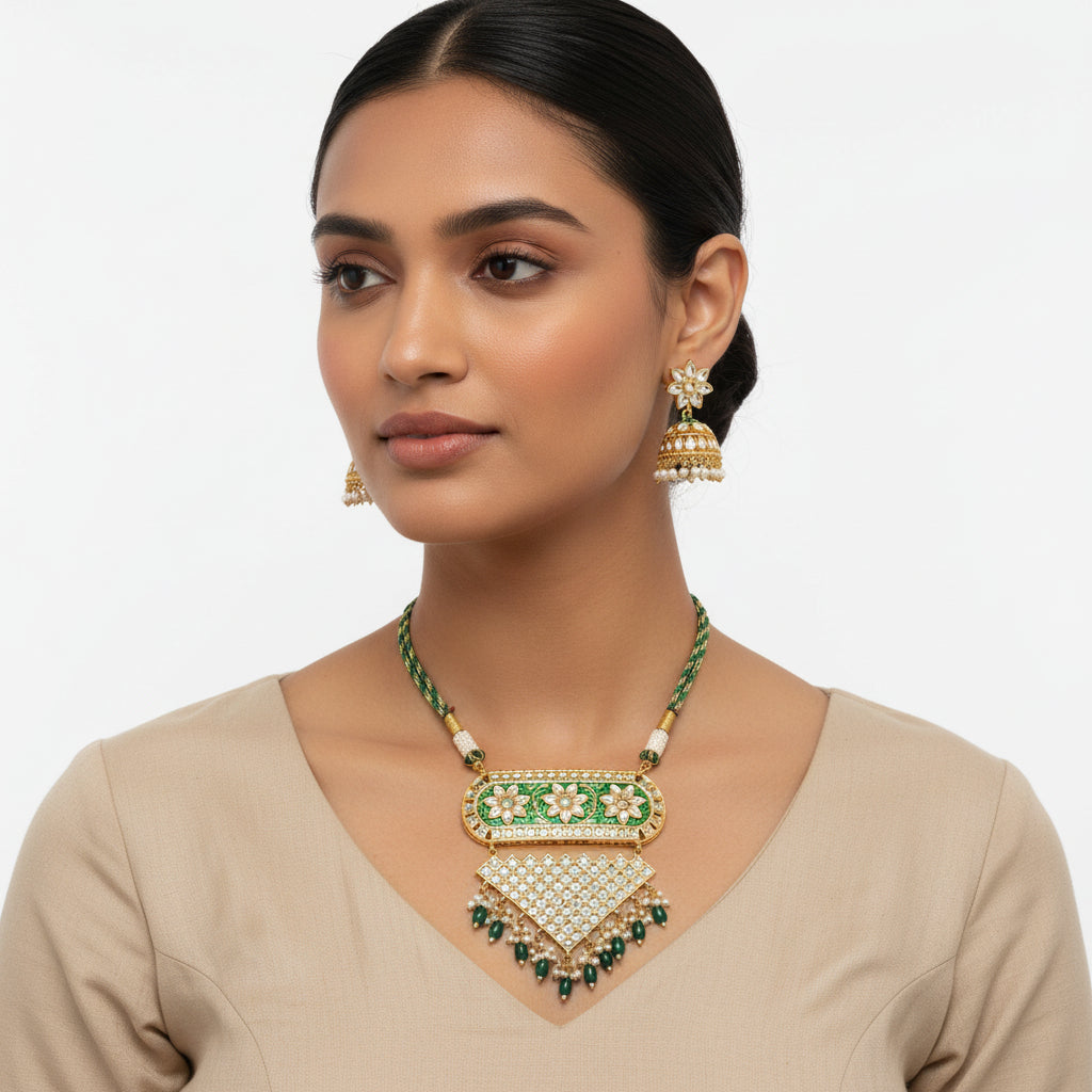 Mehera - Floral Pearl Neckpiece Set(Green)