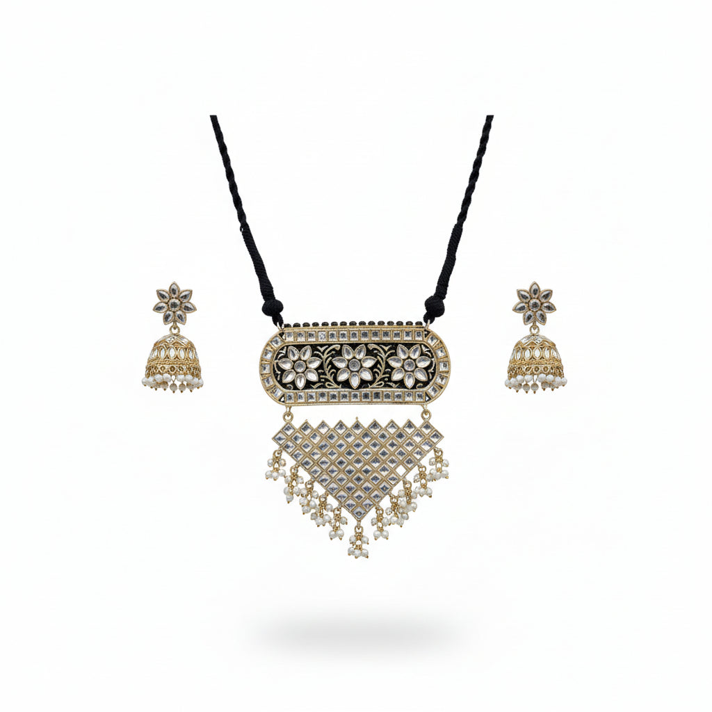 Mehera - Floral Pearl Neckpiece Set {Black}