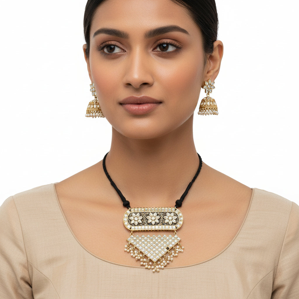 Mehera - Floral Pearl Neckpiece Set {Black}