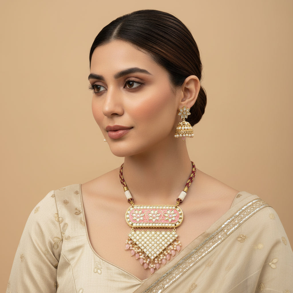 Mehera - Floral Pearl Neckpiece Set (Pink)