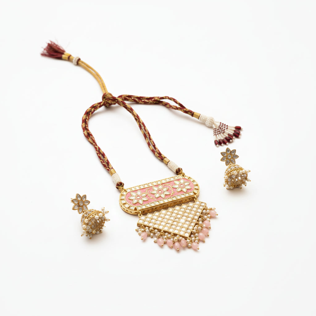 Mehera - Floral Pearl Neckpiece Set (Pink)