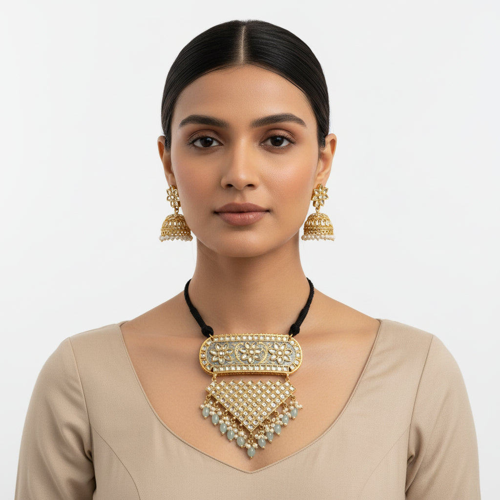 Mehera - Floral Pearl Neckpiece Set {grey}