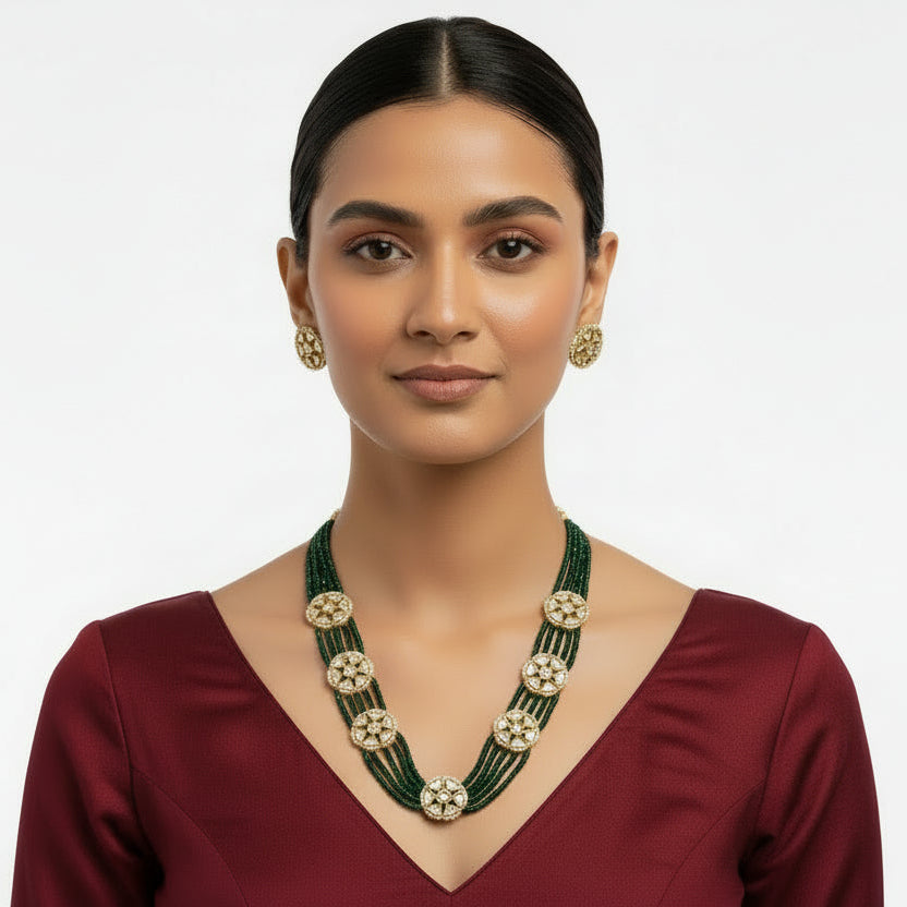 Mridula- Stone studded Beaded Neckpiece Set(Green)