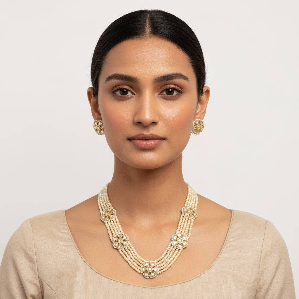 Mridula- Stone studded Beaded Neckpiece Set(White)