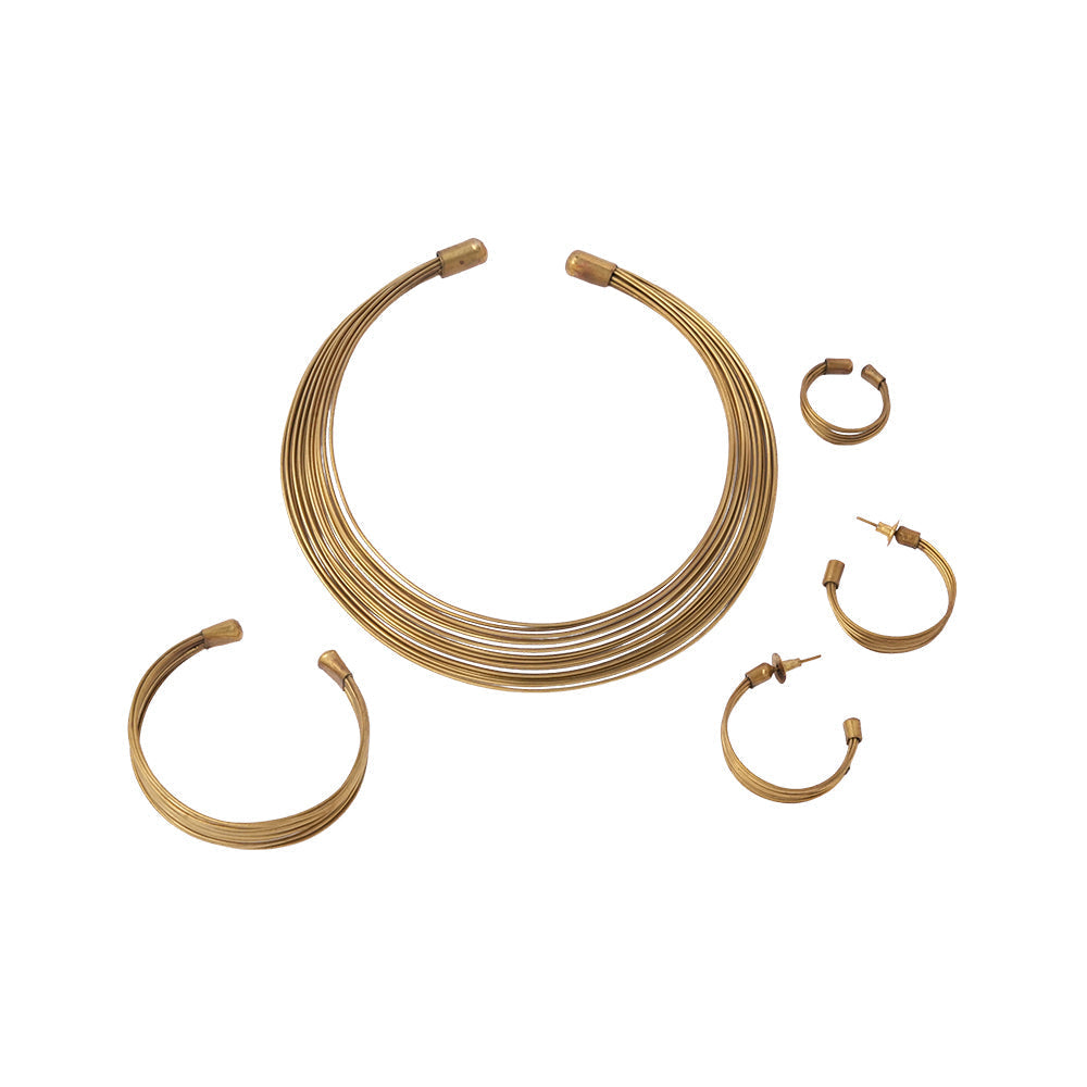 Chitrangada- Multistrand Brass polished Hasli with Earrings & Adjustable Ring