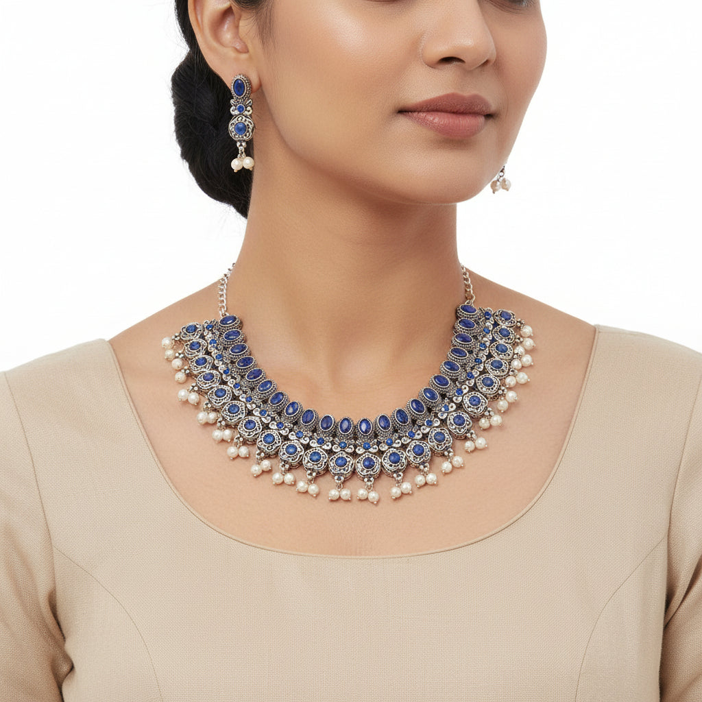 Tarangini- Stone-Studded German Silver Neckpiece set(Blue)