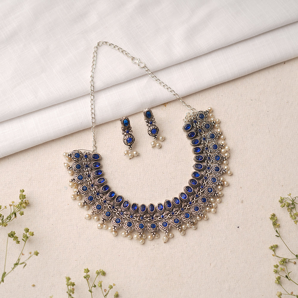 Tarangini- Stone-Studded German Silver Neckpiece set(Blue)