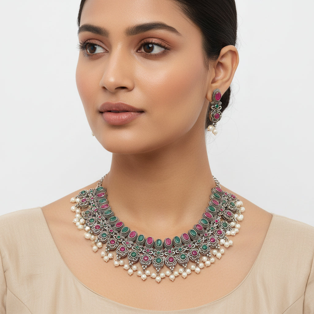 Tarangini- Stone-Studded German Silver Neckpiece set(Multicolored)