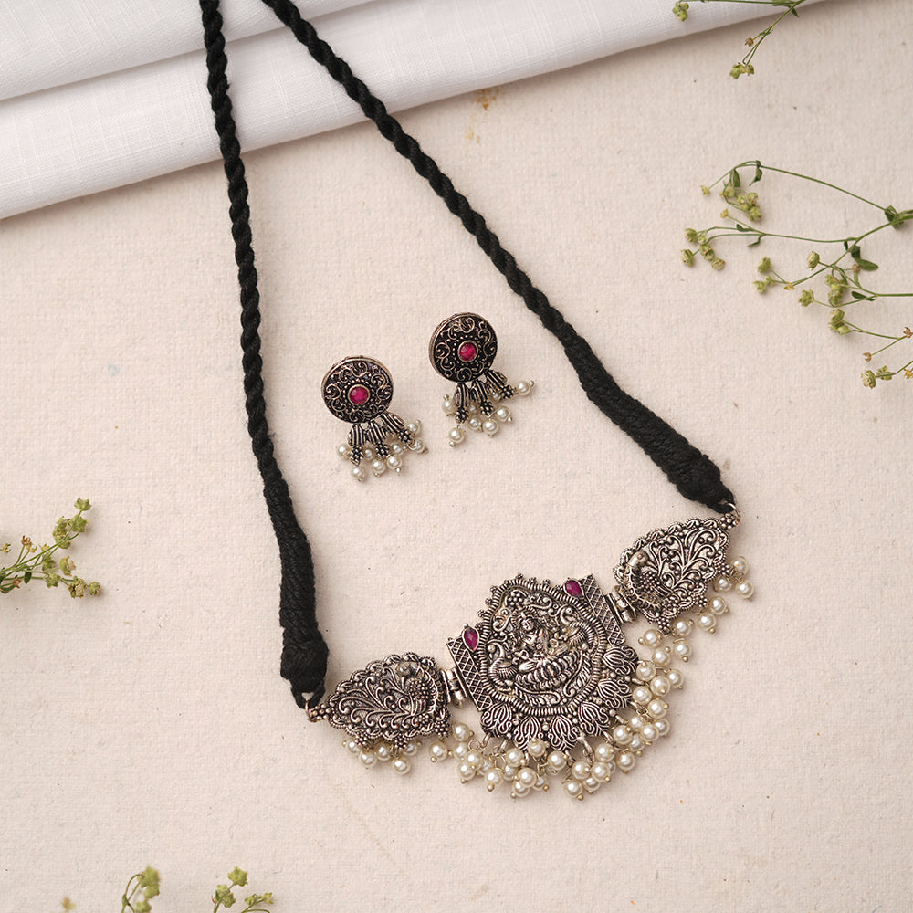 Padmalaya- Stone-Studded Laxmi Motif German Silver Neckpiece set(Red)