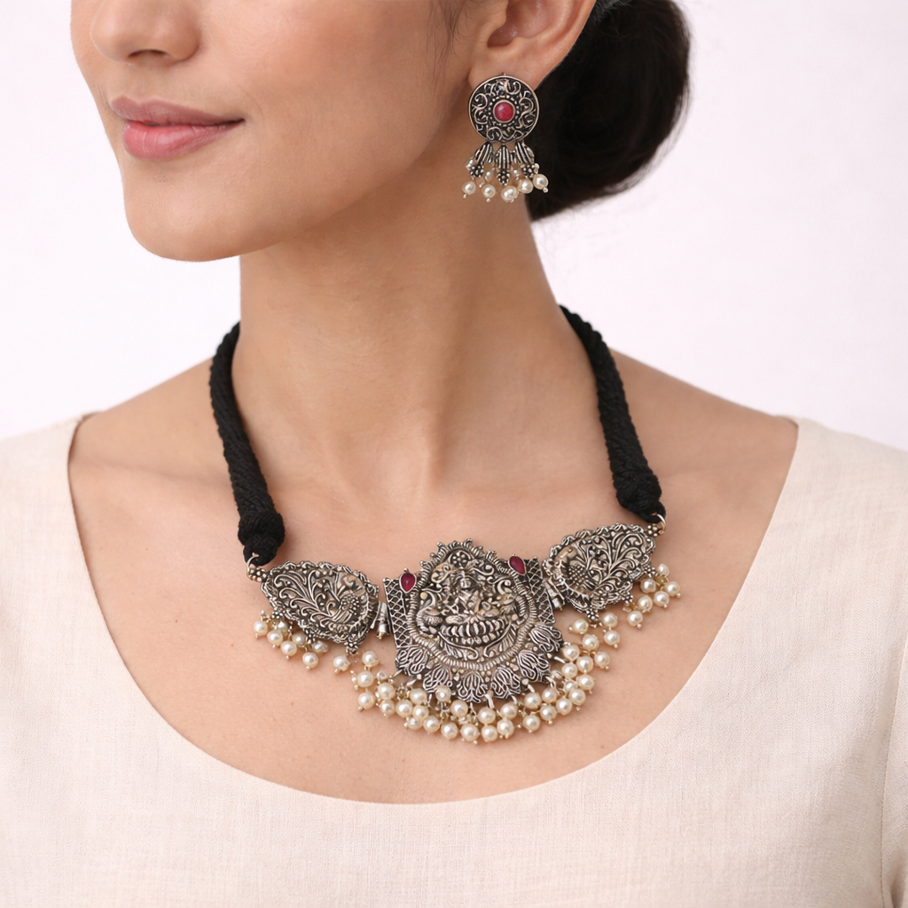 Padmalaya- Stone-Studded Laxmi Motif German Silver Neckpiece set(Red)