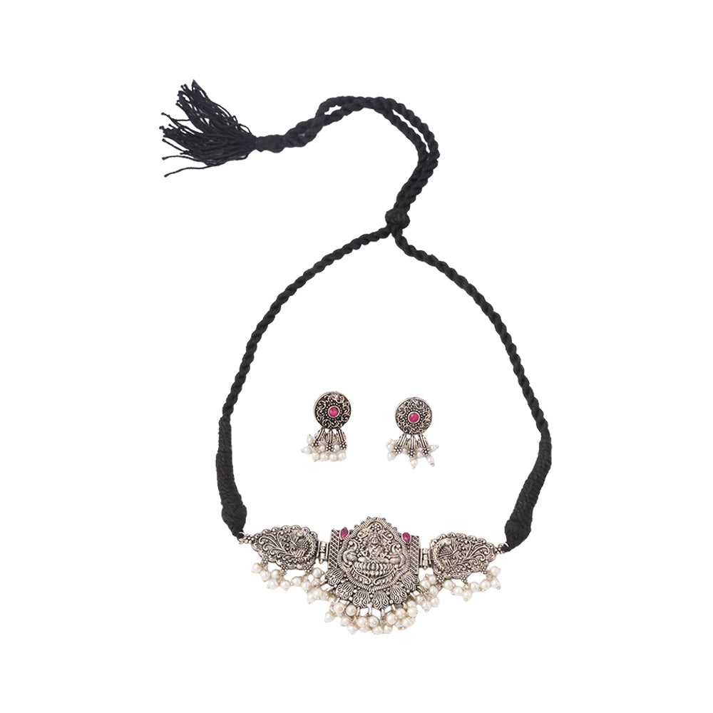 Padmalaya- Stone-Studded Laxmi Motif German Silver Neckpiece set(Red)