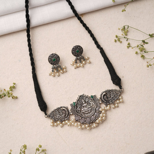 Padmalaya- Stone-Studded Laxmi Motif German Silver Neckpiece set(Green)