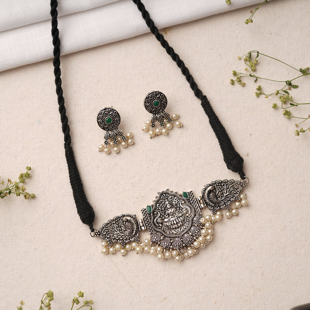 Padmalaya- Stone-Studded Laxmi Motif German Silver Neckpiece set(Green)