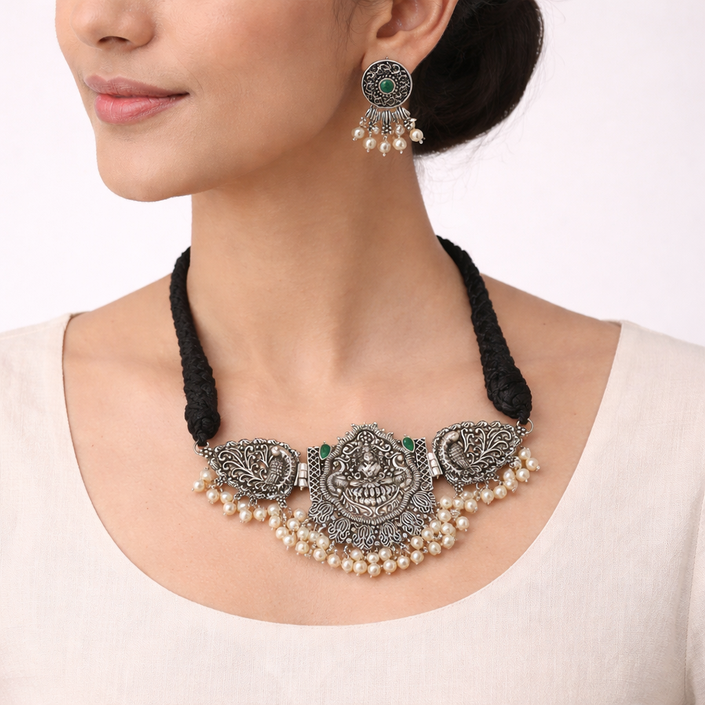 Padmalaya- Stone-Studded Laxmi Motif German Silver Neckpiece set(Green)