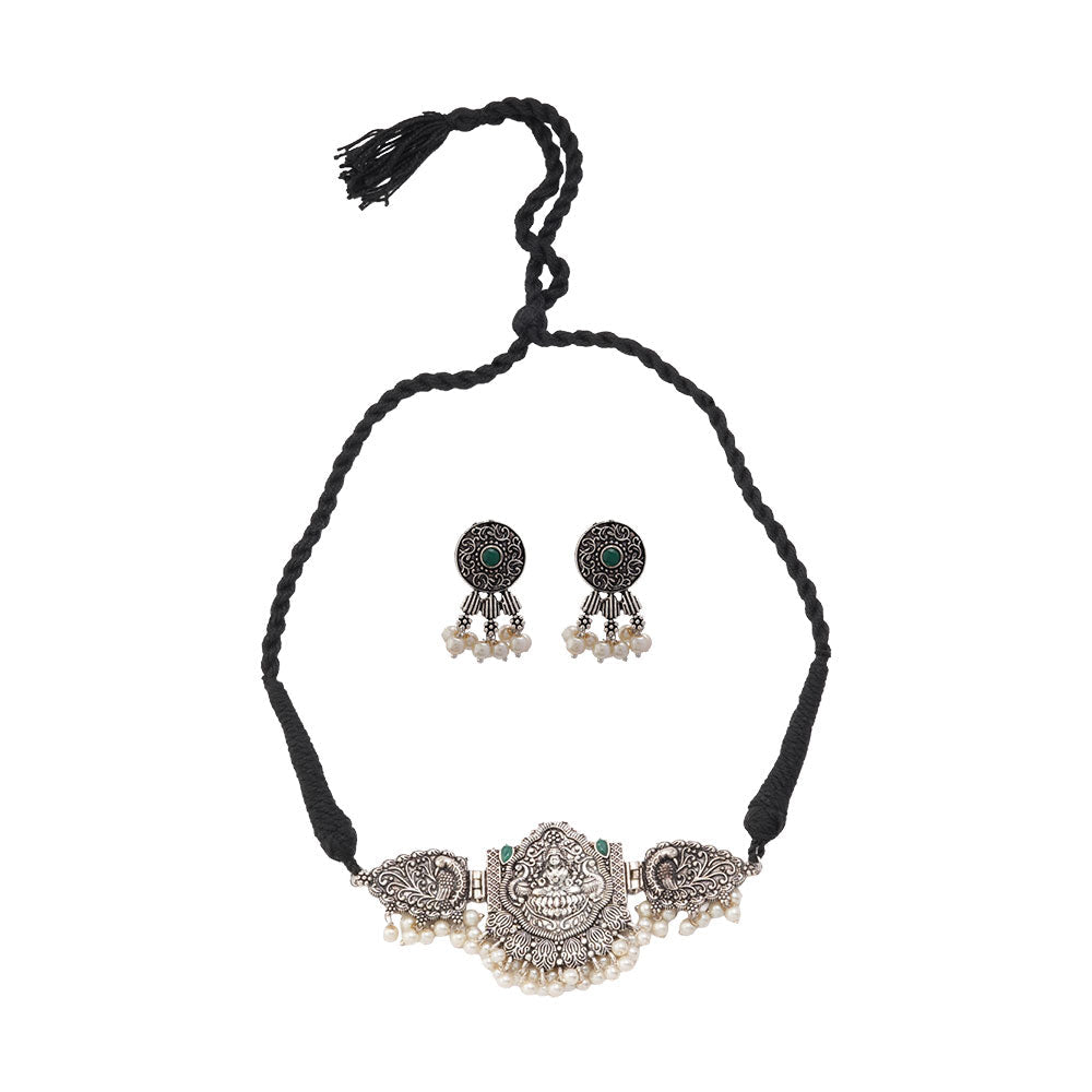 Padmalaya- Stone-Studded Laxmi Motif German Silver Neckpiece set(Green)
