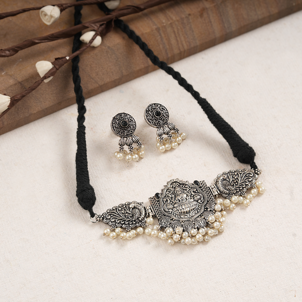 Padmalaya- Stone-Studded Laxmi Motif German Silver Neckpiece set(Black)