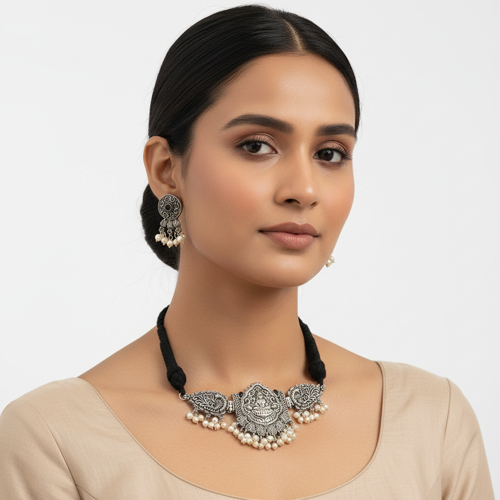 Padmalaya- Stone-Studded Laxmi Motif German Silver Neckpiece set(Black)