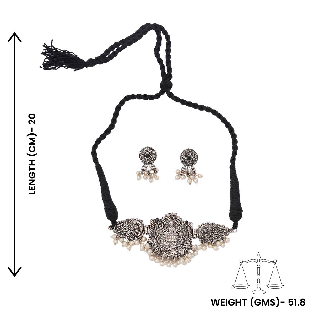 Padmalaya- Stone-Studded Laxmi Motif German Silver Neckpiece set(Black)