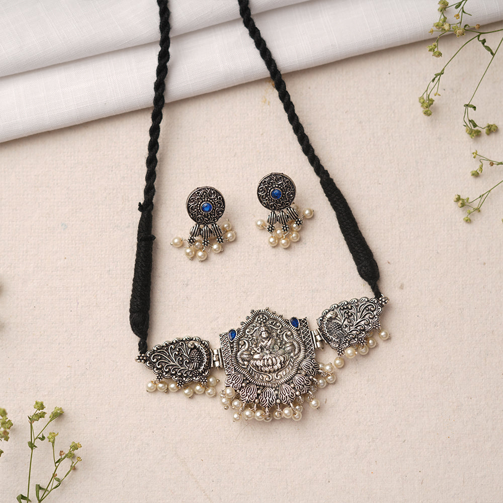 Padmalaya- Stone-Studded Laxmi Motif German Silver Neckpiece set(Blue)